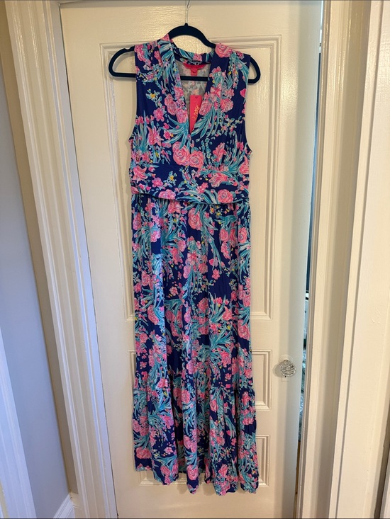 Lilly Pulitzer Dresses & Skirts - Lilly Pulitzer Floral V-Neck Maxi Dress in Navy and Pink NWT xl Corsica Pearce